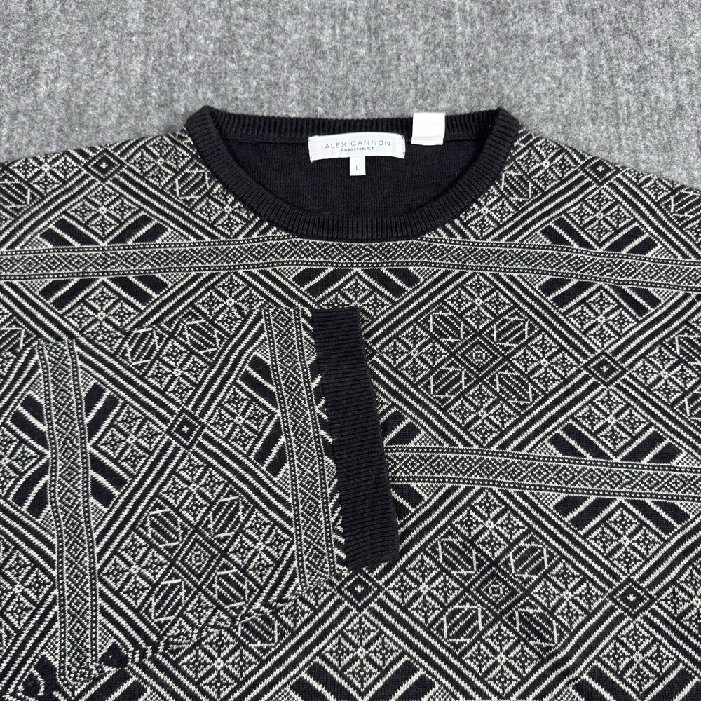 Alex Cannon Men's Large Black White Geometric Sweater Silk Cotton Crewneck